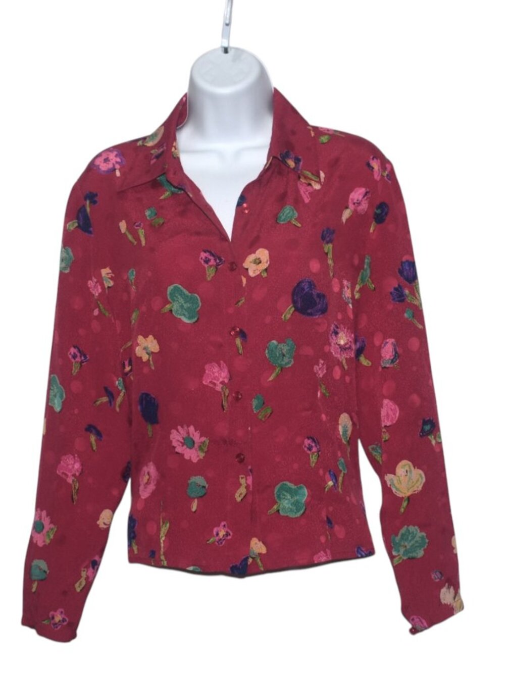 Vintage Carlisle 100% Silk Painterly Floral Blouse 80s 90s Button Front M